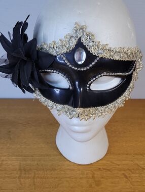 Black Venetian Masquerade Eye Mask with Flower Accent